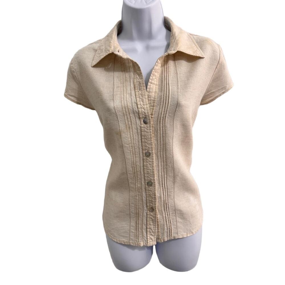 Caribbean Joe Beige Button Down Summer Cap Sleeve Collared Blouse L
